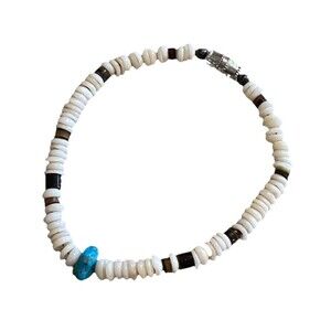 Vtg White Heishe Shell Turquoise Nugget Beaded Strand Bracelet 7" Retro Boho